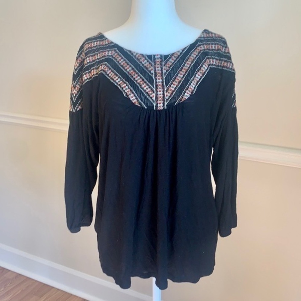 LUCKY BRAND 3/4 Sleeve Embroidered Black Peasant M
